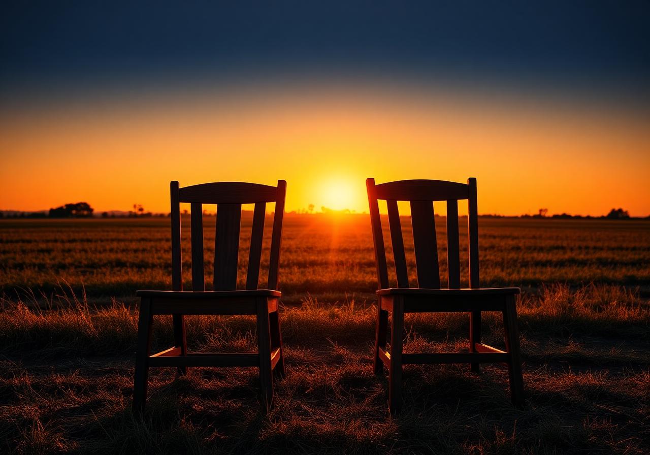 Duas cadeiras vazias ao pôr do sol em campo brasileiro, símbolo da memória eterna dos pais