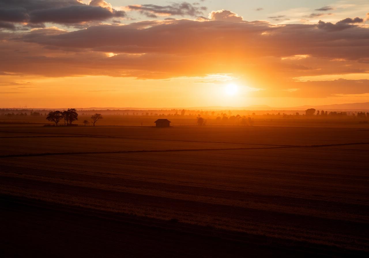 Paisagem rural de Novo Horizonte ao entardecer com solo vermelho e casa de fazenda
