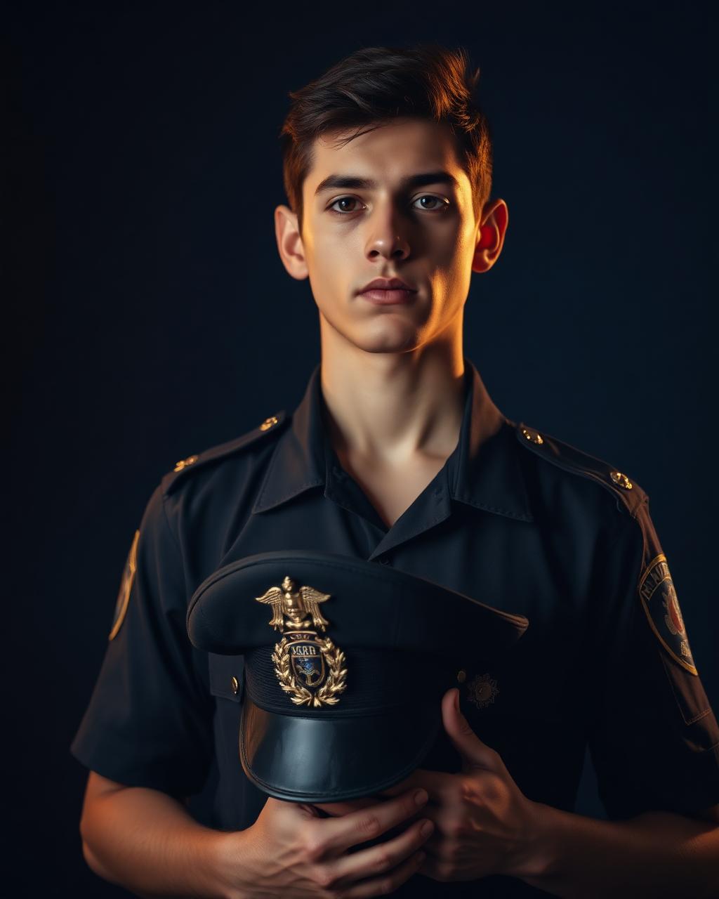 Jovem brasileiro em uniforme da Academia segurando a boina policial de seu pai