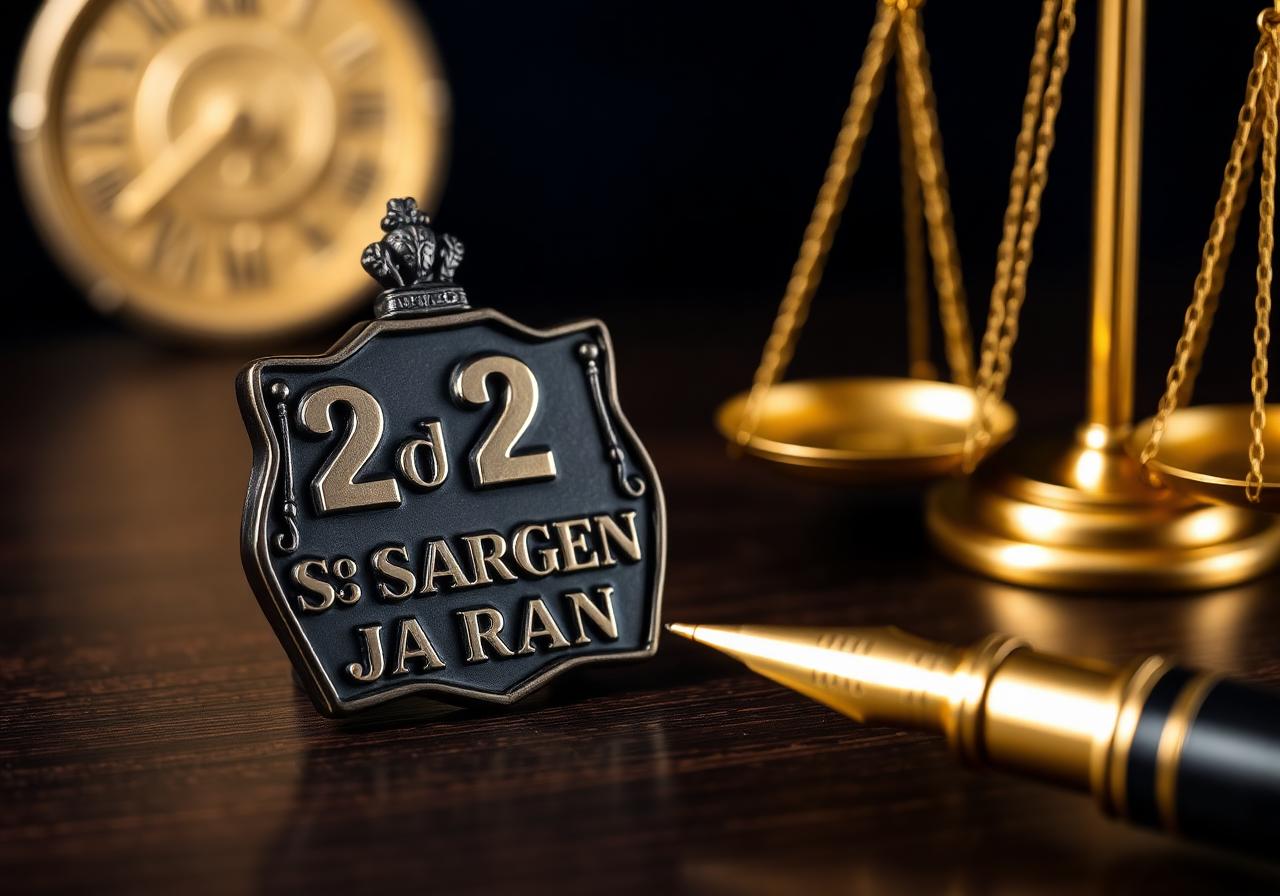 Insígnia de 2º Sargento ao lado de caneta dourada e balança da justiça