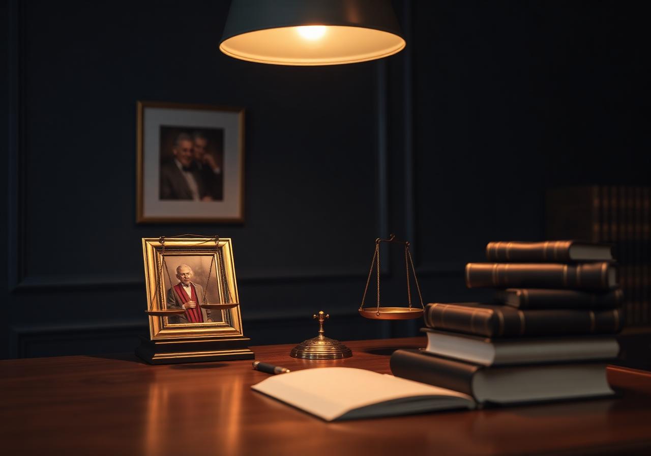 Mesa de escritório de advocacia com retrato de casal idoso e balança da justiça