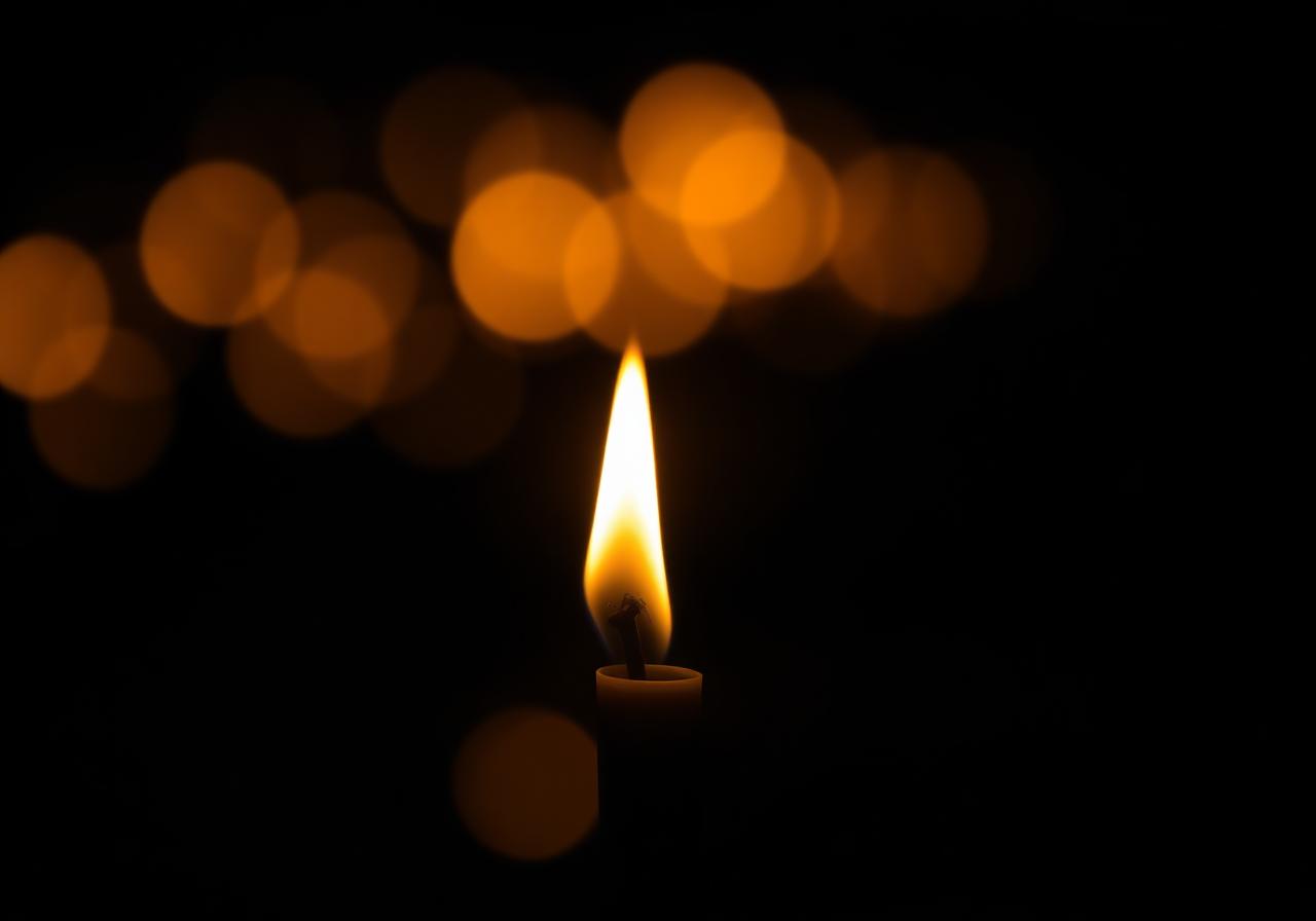 Chama dourada queimando na escuridão cercada por luzes desfocadas, símbolo de esperança